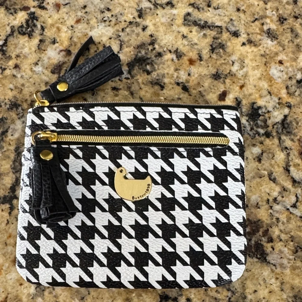 Button Black and White Houndstooth Pouch with Gold Detail